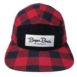 Bogus Basin 5 Panel Hat Red Black Buffalo Plaid Corduroy Strapback OS Boise ID